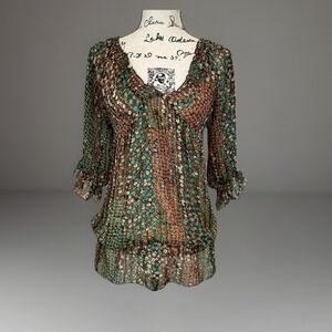 Vintage Charlotte Russe Floral Print Sheer Blouse Top Ruffle Sleeve Brown Teal S